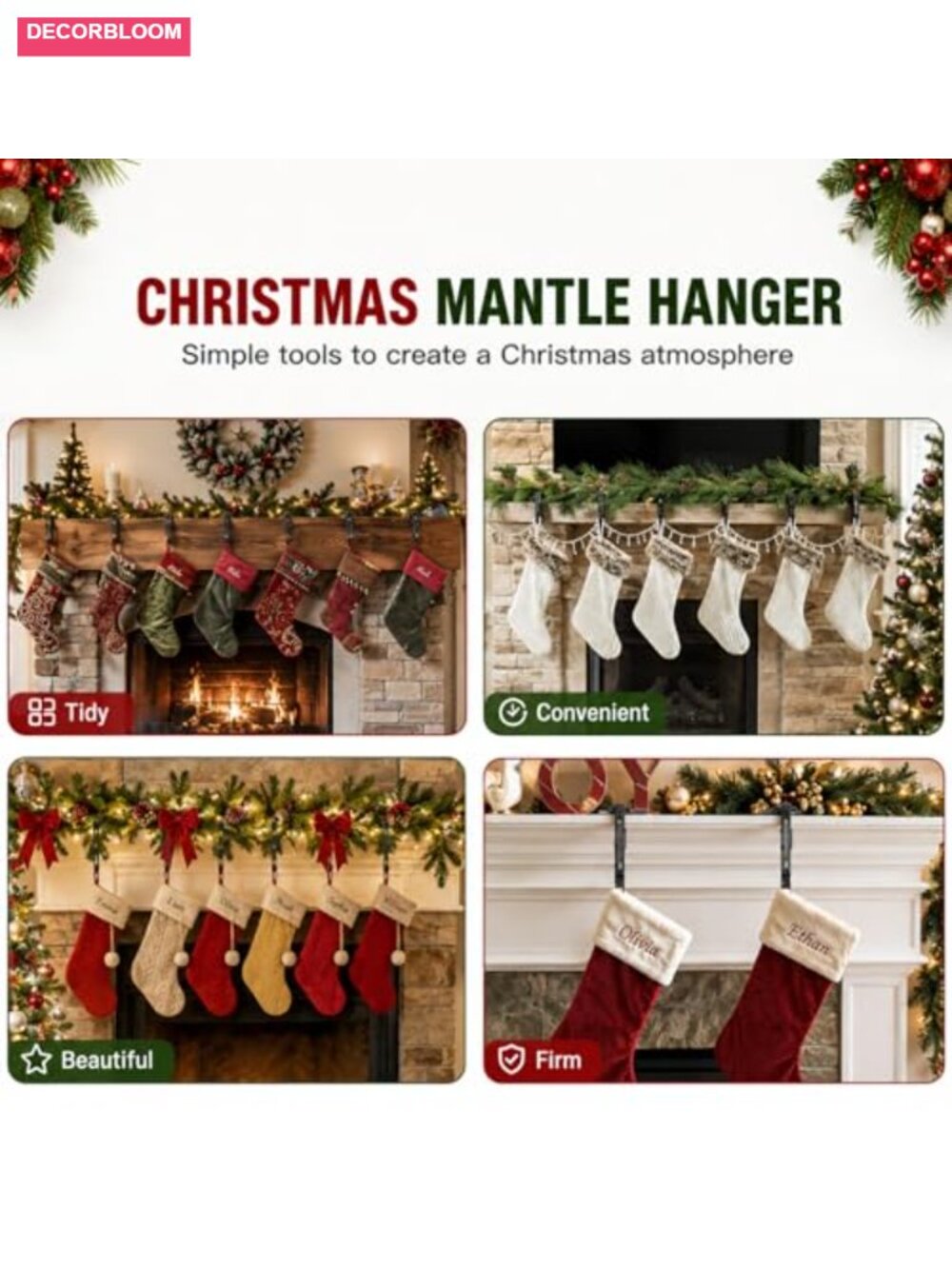 4 Pack Christmas Stocking Holders Mantle Hooks Adjustable Metal Garland Hanger - Picture 5 of 5